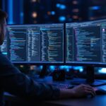 Entwickler arbeitet mit Visual Studio 2026 an mehreren Monitoren mit KI-Unterstützung