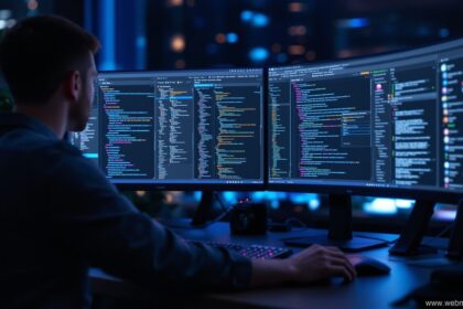 Entwickler arbeitet mit Visual Studio 2026 an mehreren Monitoren mit KI-Unterstützung
