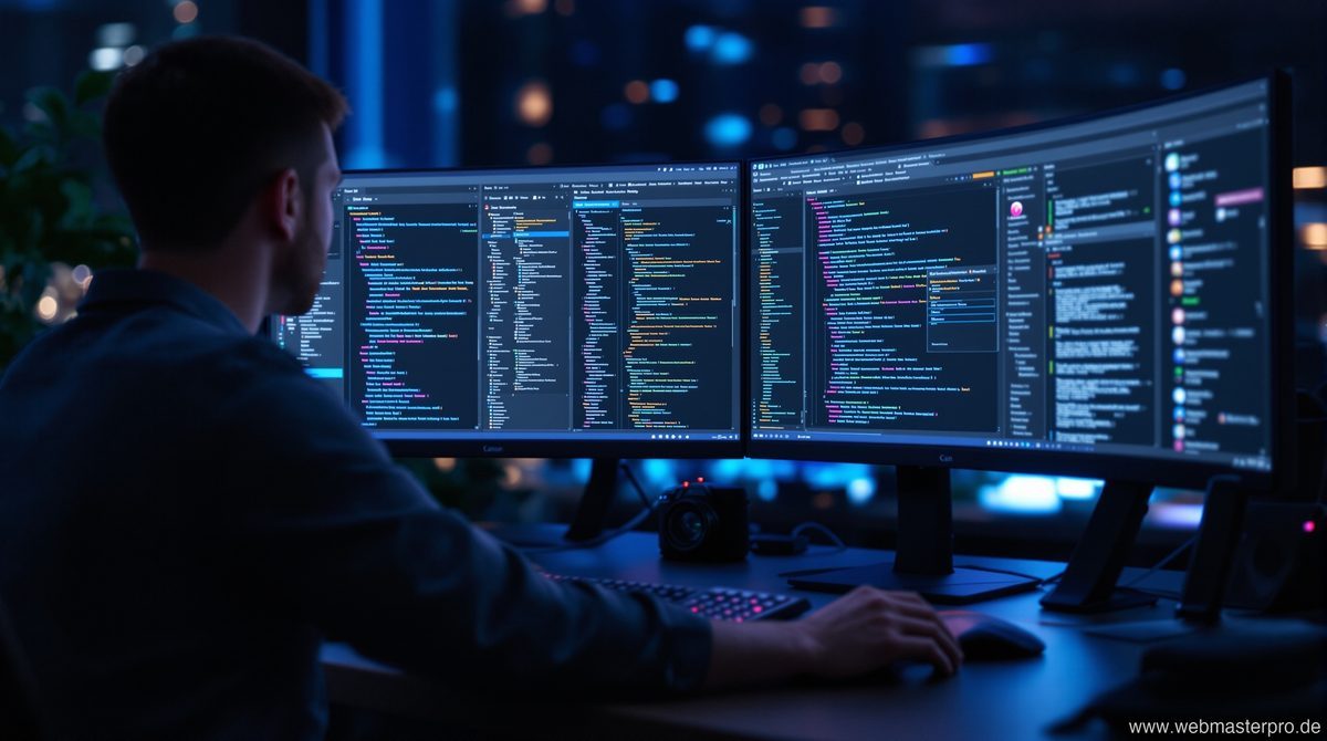 Entwickler arbeitet mit Visual Studio 2026 an mehreren Monitoren mit KI-Unterstützung