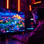 Jugendlicher spielt Fortnite an einem Gaming-Setup mit RGB-Beleuchtung