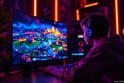 Jugendlicher spielt Fortnite an einem Gaming-Setup mit RGB-Beleuchtung