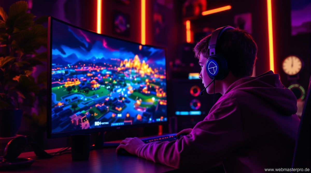 Jugendlicher spielt Fortnite an einem Gaming-Setup mit RGB-Beleuchtung