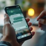 Person hält Smartphone mit WhatsApp-Chat und bearbeitet eine Nachricht