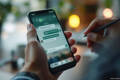 Person hält Smartphone mit WhatsApp-Chat und bearbeitet eine Nachricht