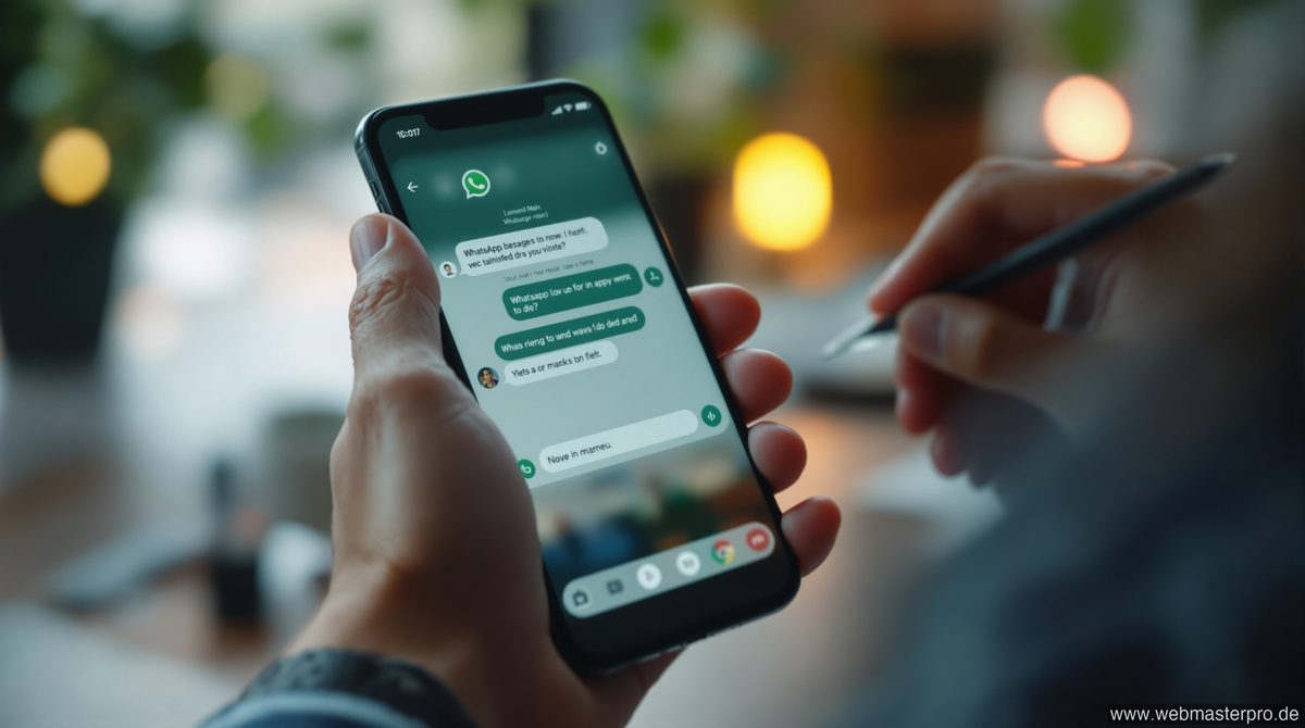 Person hält Smartphone mit WhatsApp-Chat und bearbeitet eine Nachricht