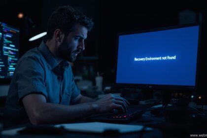 Windows-Fehler: Wiederherstellungsumgebung nicht gefunden – Techniker am Laptop