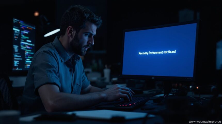 Windows-Fehler: Wiederherstellungsumgebung nicht gefunden – Techniker am Laptop