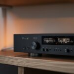 WiiM Mini Streaming Adapter auf einem HiFi-Regal neben einem klassischen Stereo-Verstärker