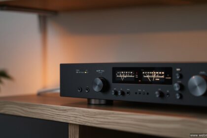 WiiM Mini Streaming Adapter auf einem HiFi-Regal neben einem klassischen Stereo-Verstärker