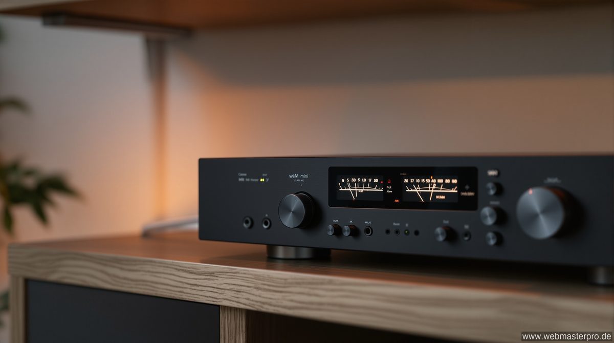 WiiM Mini Streaming Adapter auf einem HiFi-Regal neben einem klassischen Stereo-Verstärker