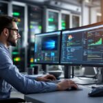 IT-Administrator an einem Enterprise-Arbeitsplatz mit Windows 10 auf Dual-Monitor-Setup in einem modernen Büro