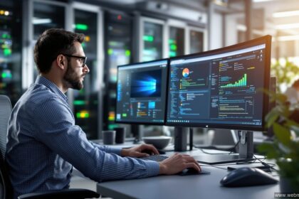 IT-Administrator an einem Enterprise-Arbeitsplatz mit Windows 10 auf Dual-Monitor-Setup in einem modernen Büro