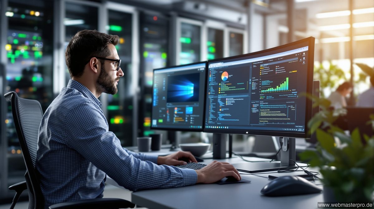 IT-Administrator an einem Enterprise-Arbeitsplatz mit Windows 10 auf Dual-Monitor-Setup in einem modernen Büro