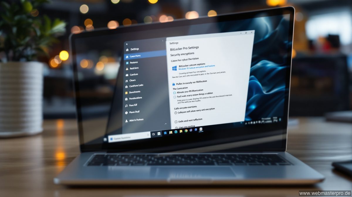 Windows 10 Pro Sicherheitseinstellungen mit BitLocker-Verschlüsselung auf einem Laptop