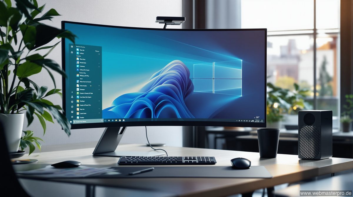 Windows 10 Pro auf einem modernen Desktop-PC im professionellen Büroumfeld