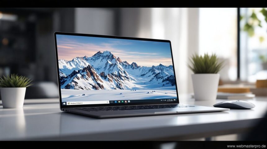 Windows Spotlight Sperrbildschirm mit atemberaubendem Landschaftsfoto auf modernem Laptop