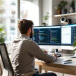 Web-Entwickler arbeitet am WordPress-Dashboard auf einem modernen PC