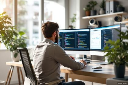 Web-Entwickler arbeitet am WordPress-Dashboard auf einem modernen PC