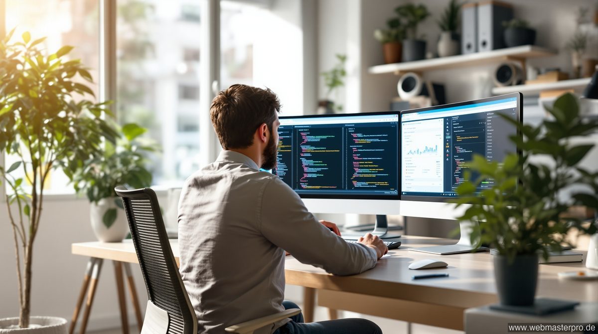 Web-Entwickler arbeitet am WordPress-Dashboard auf einem modernen PC