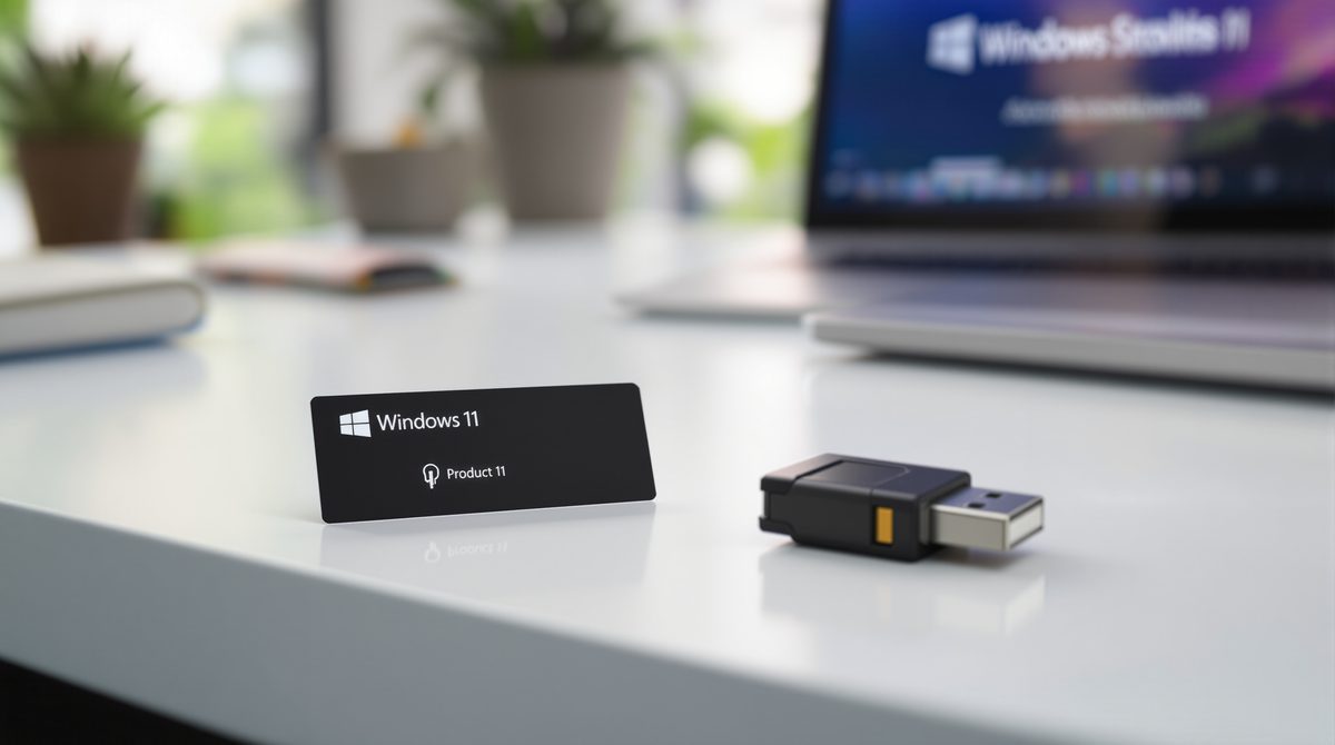 Windows 11 Key – Produktschlüssel-Karte neben USB-Stick und Laptop mit Aktivierungsdialog