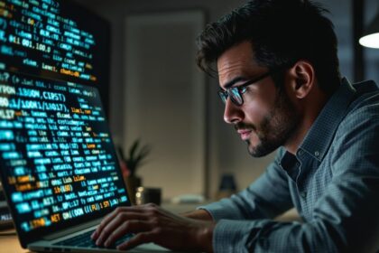 Person schaut verwirrt auf Laptop-Bildschirm mit kryptischen Zeichenfolgen – about llpuywerxuzad249 now erklärt