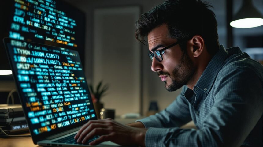 Person schaut verwirrt auf Laptop-Bildschirm mit kryptischen Zeichenfolgen – about llpuywerxuzad249 now erklärt