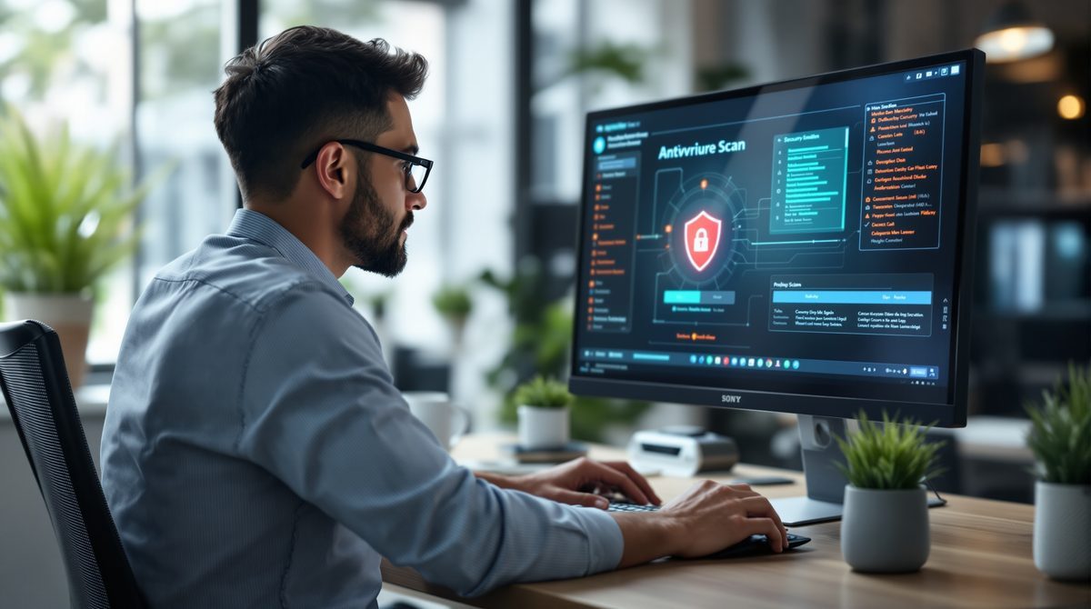 IT-Sicherheitsexperte führt Virenscan auf Desktop-Computer durch – Schutz vor PUP und Adware
