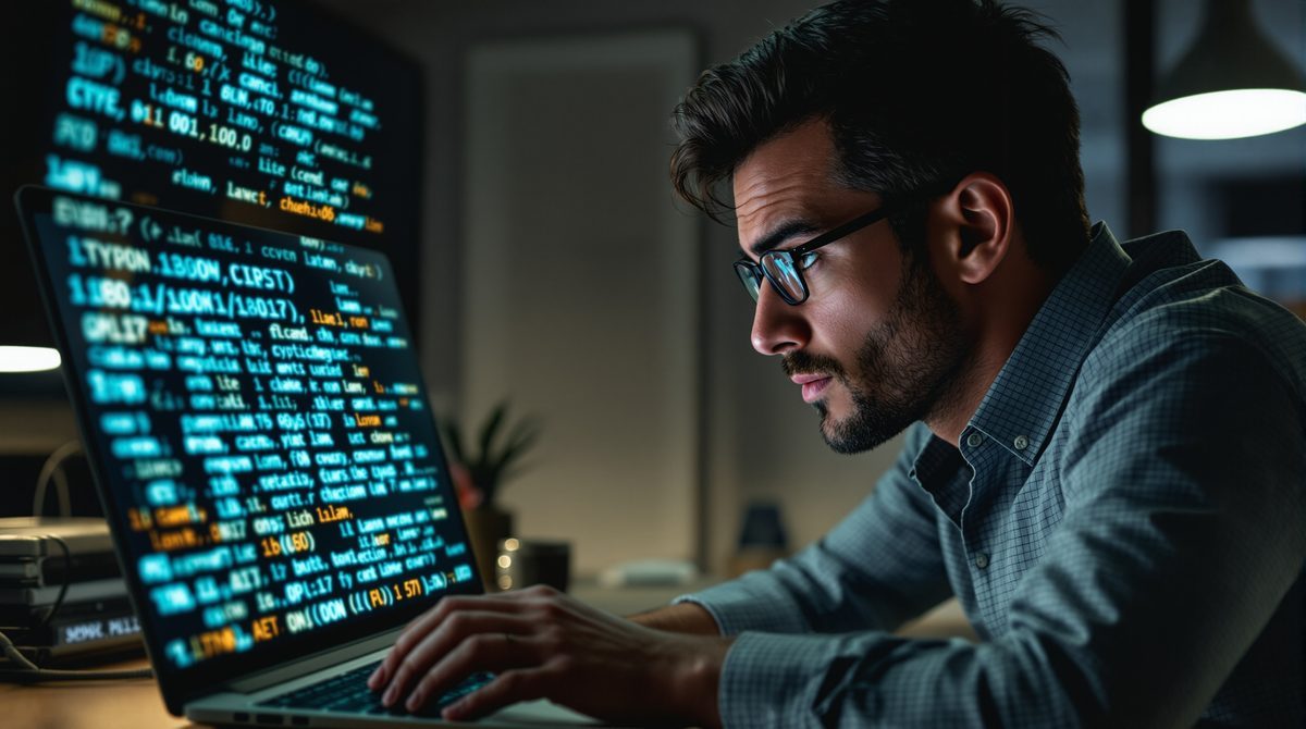 Person schaut verwirrt auf Laptop-Bildschirm mit kryptischen Zeichenfolgen – about llpuywerxuzad249 now erklärt
