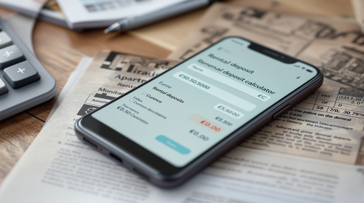 Smartphone zeigt Kautionsrechner App auf Schreibtisch mit Mietvertrag