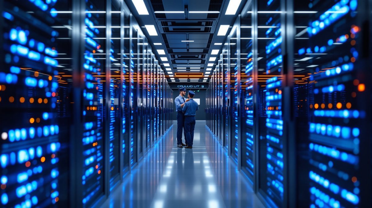 Moderner Cloud-Serverraum mit leuchtenden Racks — digitale Infrastruktur für Unternehmen 2026