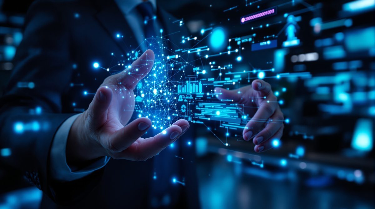 Nahaufnahme KI-Schnittstelle mit holografischen Datennetzwerken — digitale Trends für Unternehmen