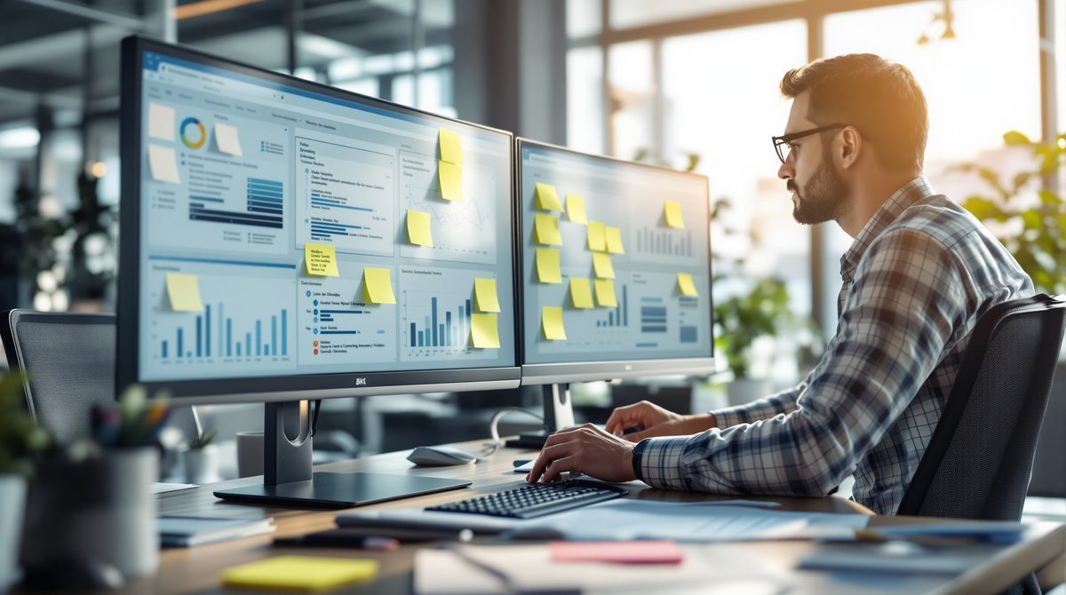 Unternehmensanalyst prüft digitale Strategie und Compliance-Berichte am modernen Arbeitsplatz