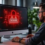 Person am Computer mit gefälschter Sicherheitswarnung auf dem Bildschirm – Warning about hizgullmes