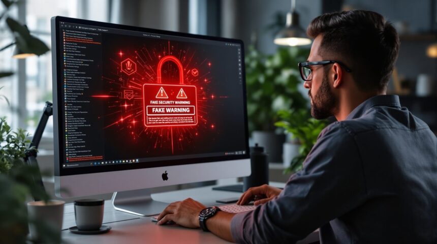 Person am Computer mit gefälschter Sicherheitswarnung auf dem Bildschirm – Warning about hizgullmes