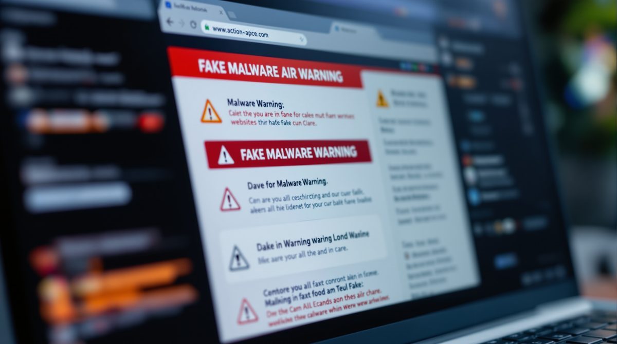 Laptop-Bildschirm mit verdächtigen Fake-Malware-Warnseiten im Browser