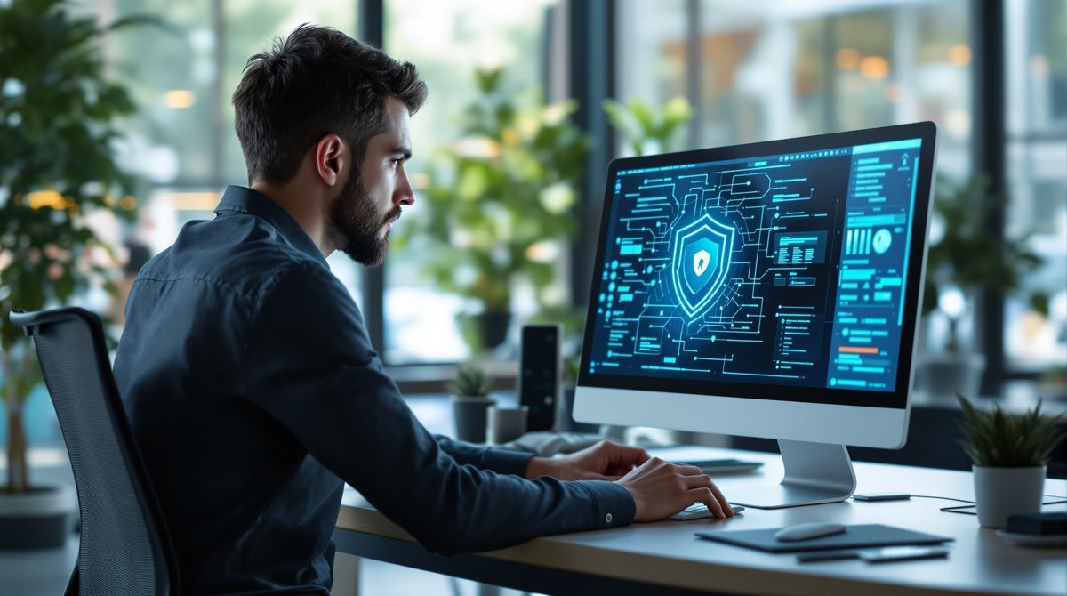 Fachmann prüft Antivirus-Software am Desktop-Computer – Cybersicherheit und Schutz vor Fake-Warnungen
