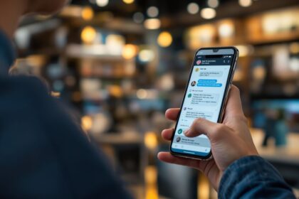 Chatbot-Interface auf einem Smartphone im Einzelhandel – KI-Assistent berät Kunden in Echtzeit