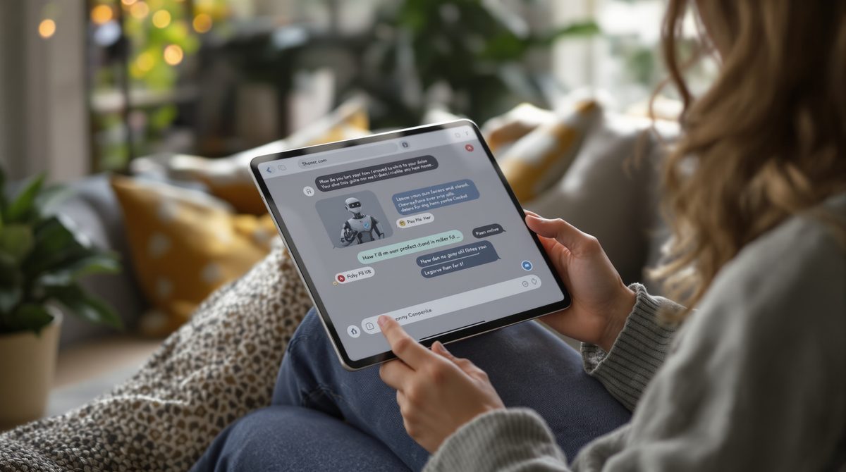 Frau kauft online ein und nutzt einen Chatbot-Assistenten auf dem Tablet zur Produktsuche