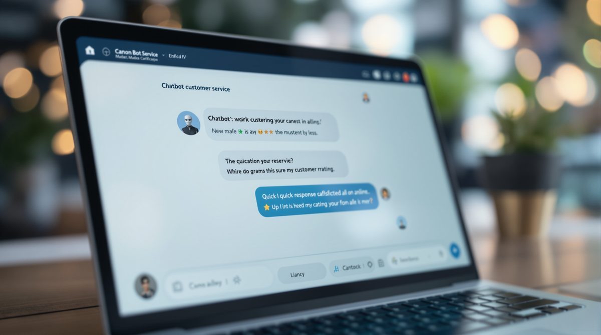 Chatbot-Konversation auf einem Laptop-Bildschirm mit Kundendialog und Quick-Reply-Optionen