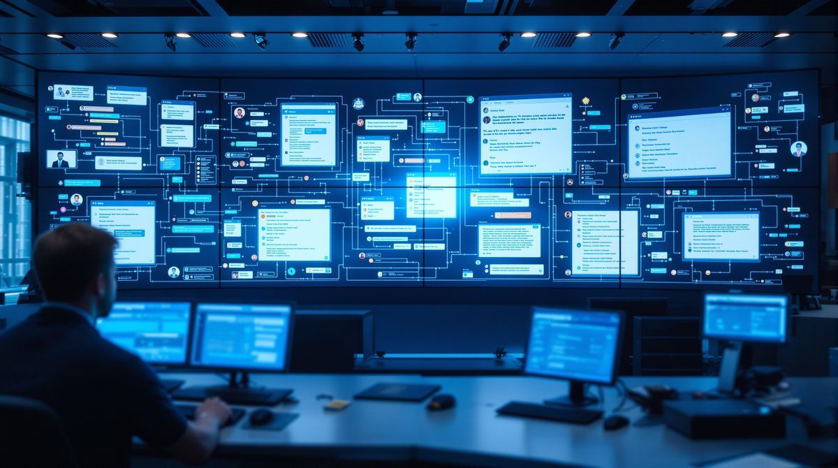 KI-Kundenservice-Dashboard mit mehreren gleichzeitigen Chatbot-Konversationen auf einem Monitor
