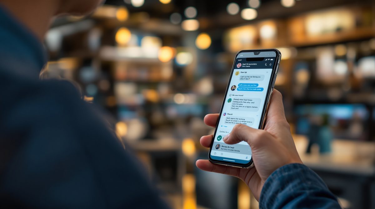 Chatbot-Interface auf einem Smartphone im Einzelhandel – KI-Assistent berät Kunden in Echtzeit