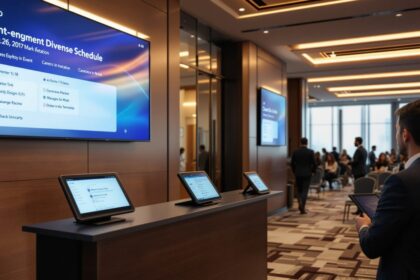 Digitalisierung Eventbranche – moderner Veranstaltungssaal mit digitaler Technologie und LED-Anzeigen