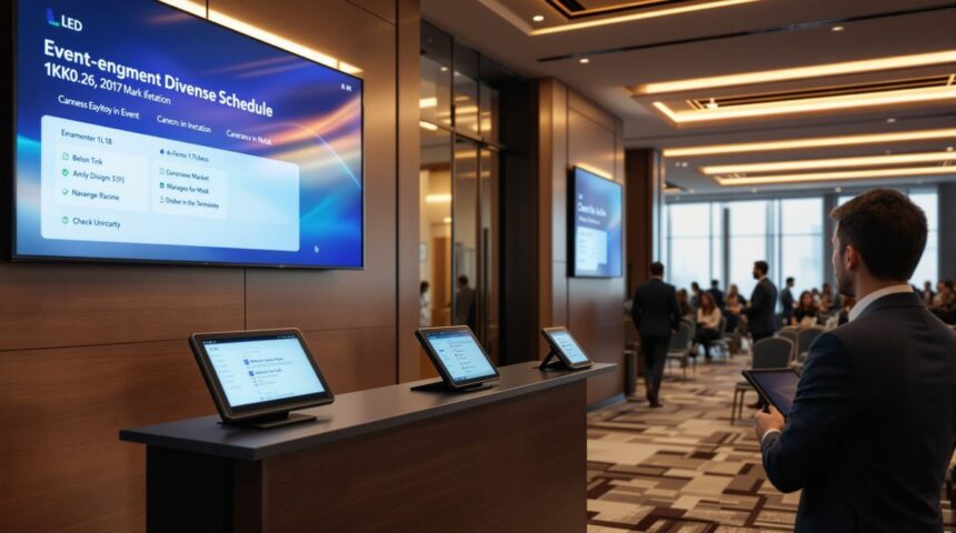 Digitalisierung Eventbranche – moderner Veranstaltungssaal mit digitaler Technologie und LED-Anzeigen