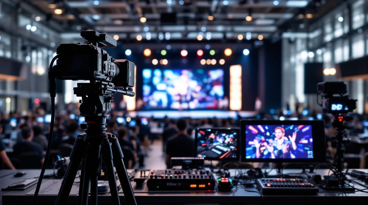 Streaming-Equipment und Broadcast-Setup in einem Veranstaltungssaal für hybride Events