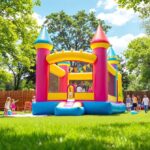 Bunte Hüpfburg aufgebaut auf grünem Rasen bei einem Kindergeburtstag im Freien