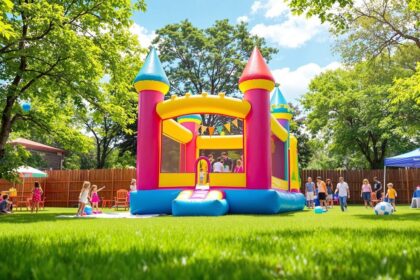 Bunte Hüpfburg aufgebaut auf grünem Rasen bei einem Kindergeburtstag im Freien