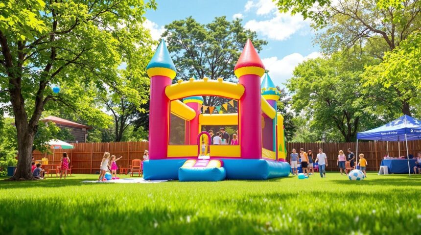 Bunte Hüpfburg aufgebaut auf grünem Rasen bei einem Kindergeburtstag im Freien