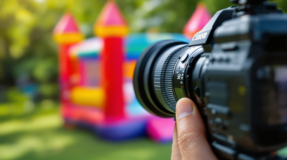 Fotograf von hinten hält Kamera auf bunte Hüpfburg im Garten für professionelle Produktfotos