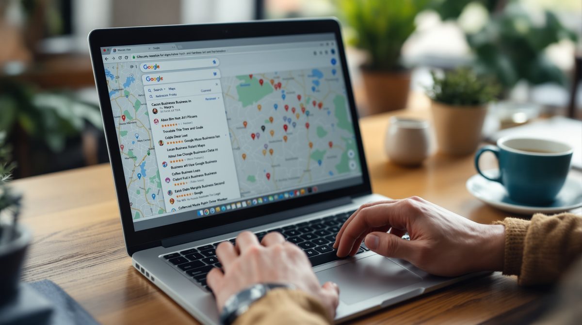 Hände tippen auf Laptop-Tastatur mit Google Maps lokaler Suche im unscharfen Hintergrund