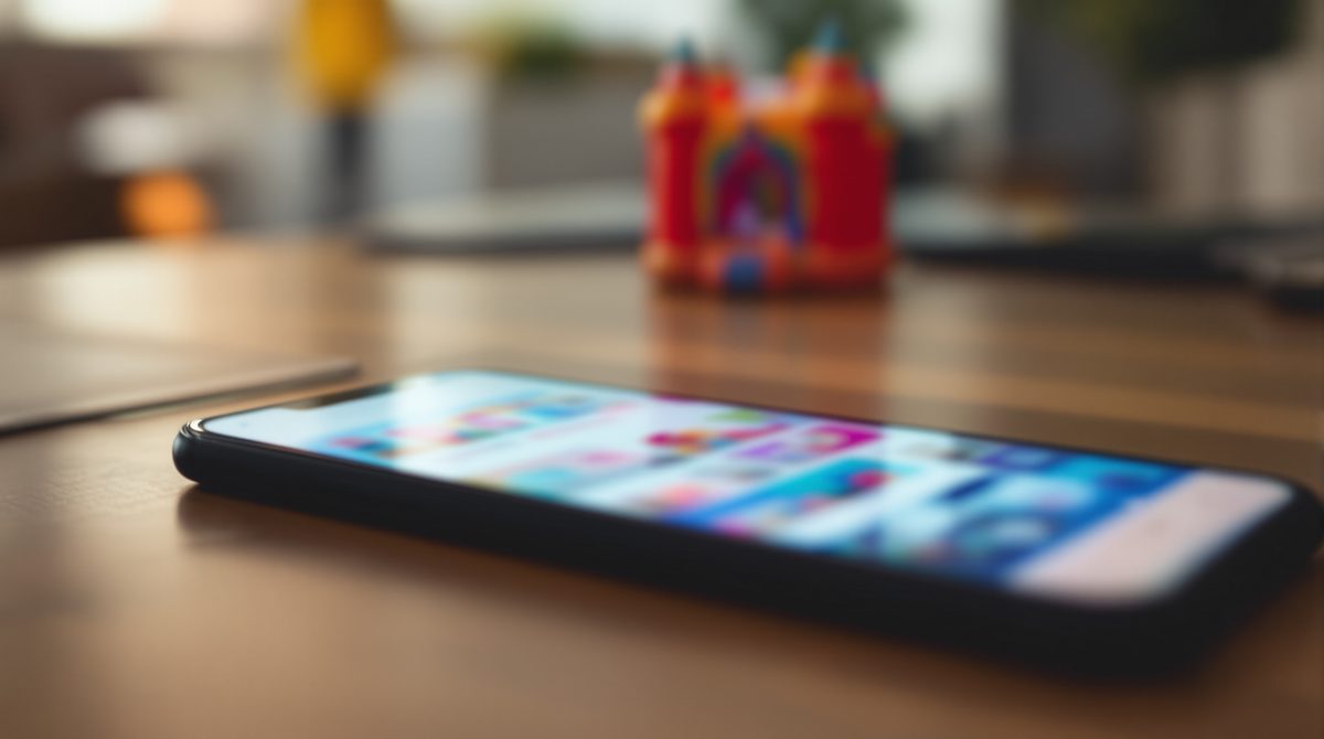 Smartphone auf Holztisch zeigt unscharfe bunte Website neben einer kleinen Hüpfburg als Requisite